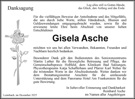 Traueranzeige von Gisela Asche von Südthüringer Presse