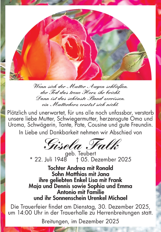 Traueranzeige von Gisela Falk von Südthüringer Presse