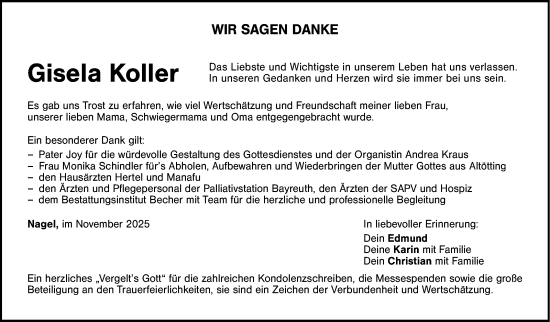 Traueranzeige von Gisela Koller von Frankenpost