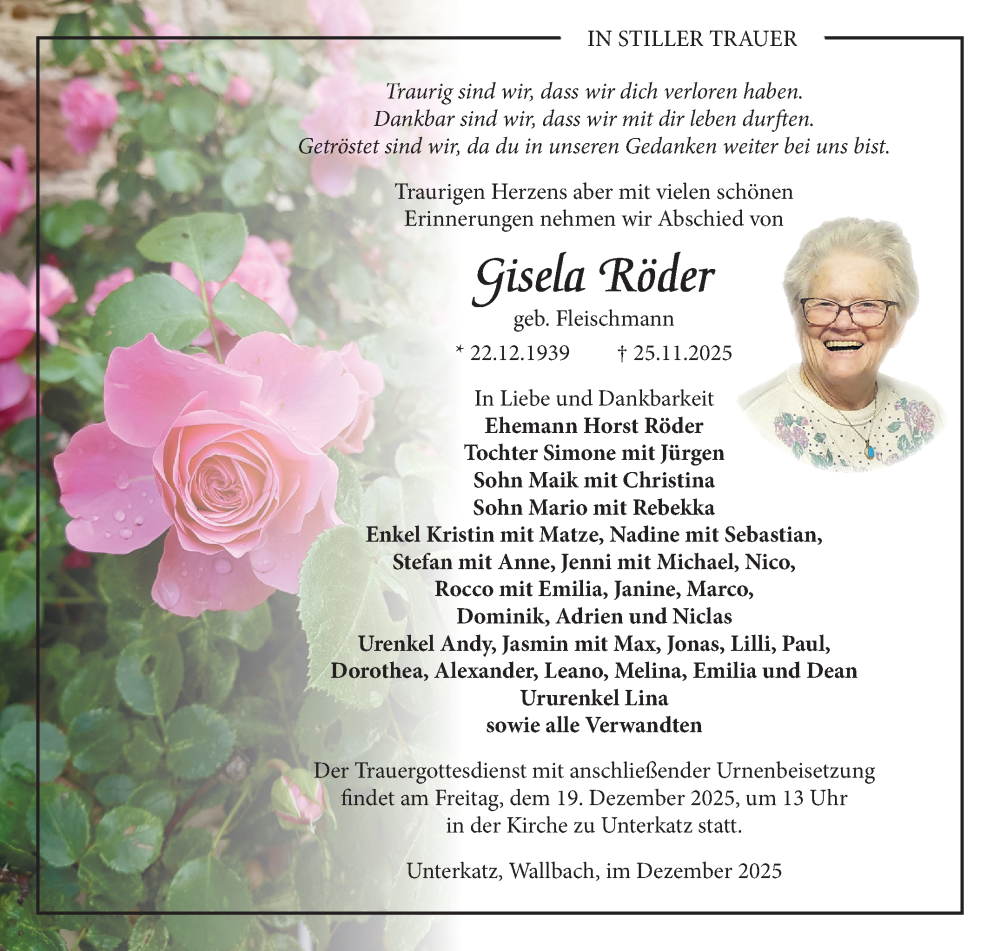  Traueranzeige für Gisela Röder vom 12.12.2025 aus Südthüringer Presse