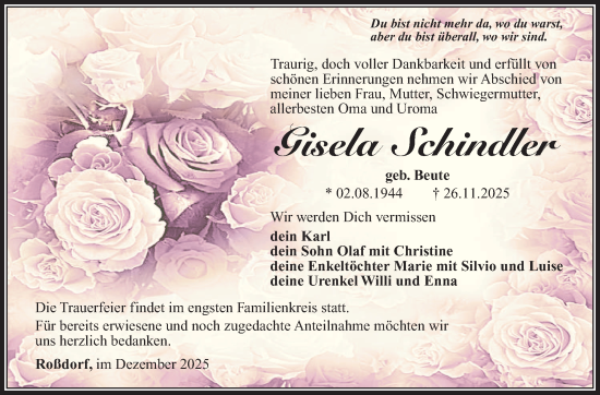 Traueranzeige von Gisela Schindler von Südthüringer Presse