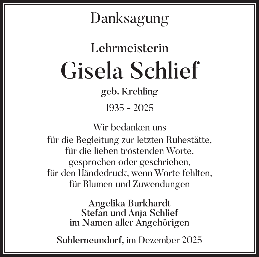  Traueranzeige für Gisela Schlief vom 13.12.2025 aus Südthüringer Presse