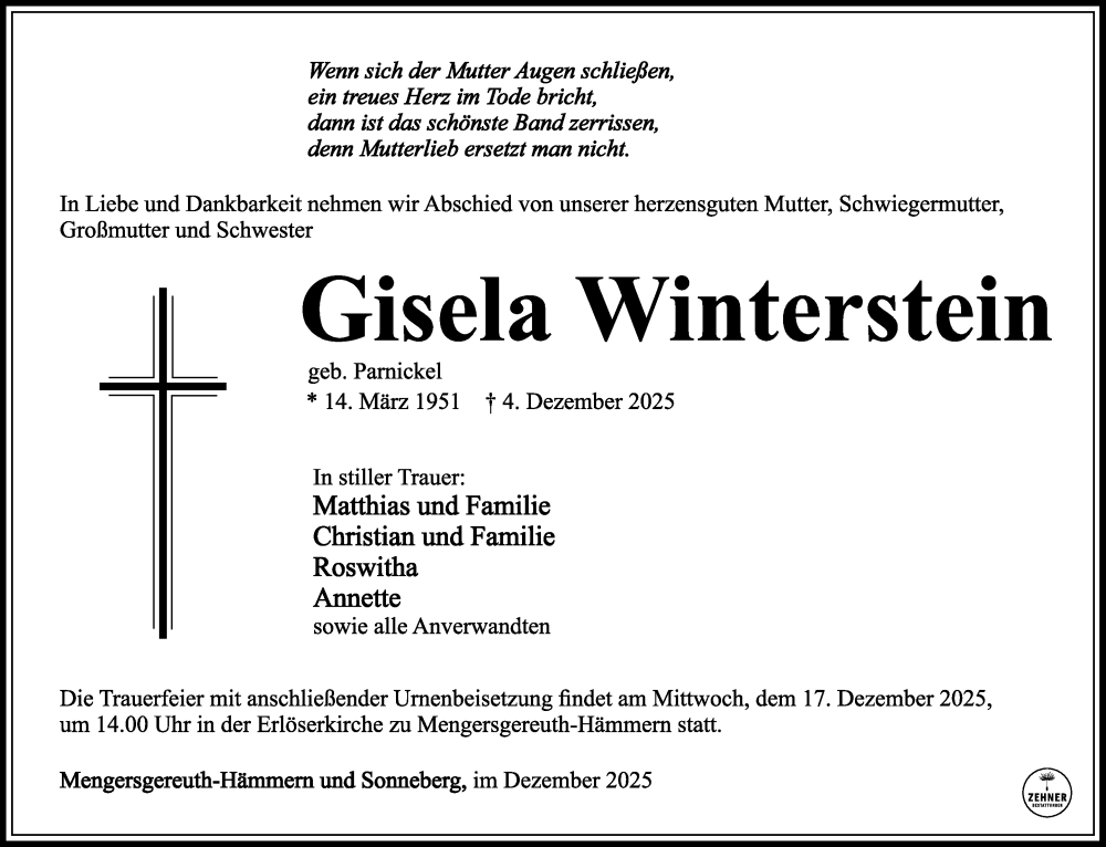  Traueranzeige für Gisela Winterstein vom 13.12.2025 aus Südthüringer Presse