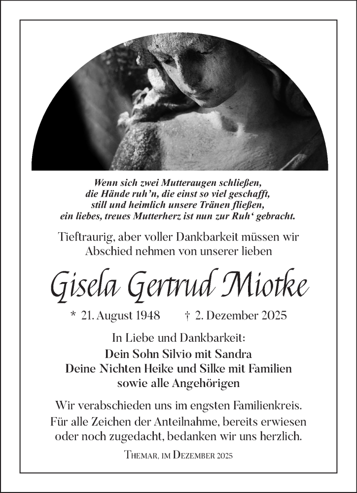  Traueranzeige für Gisela Gertrud Miotke vom 11.12.2025 aus Südthüringer Presse