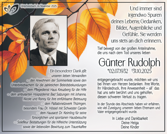 Traueranzeige von Günter Rudolph von Südthüringer Presse