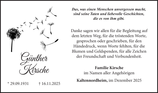 Traueranzeige von Günther Kirsche von Südthüringer Presse