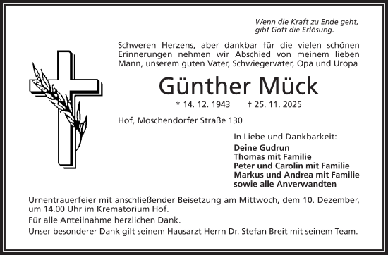Traueranzeige von Günther Mück von Frankenpost