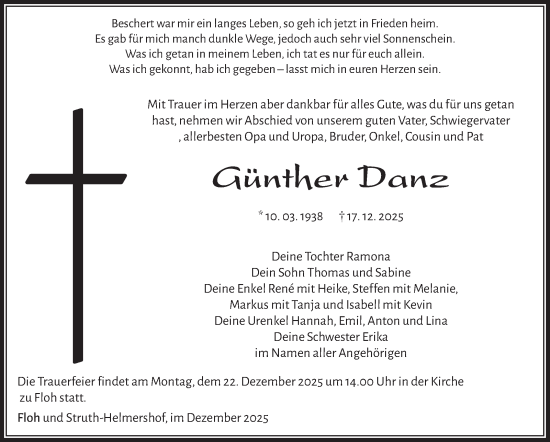 Traueranzeige von Güther Danz von Südthüringer Presse