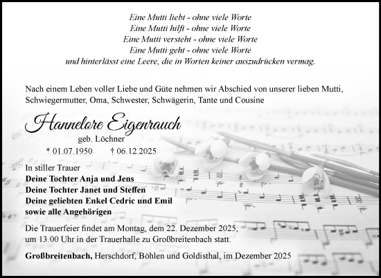 Traueranzeige von Hannelore Eigenrauch von Südthüringer Presse