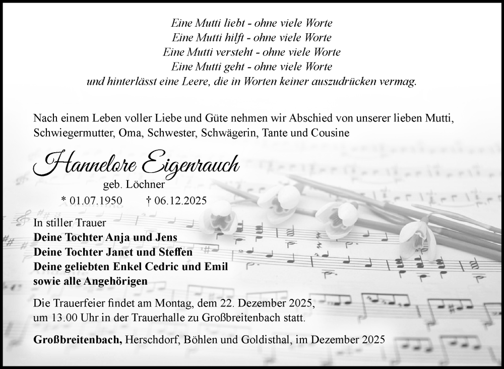  Traueranzeige für Hannelore Eigenrauch vom 13.12.2025 aus Südthüringer Presse