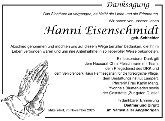 Traueranzeige von Hanni Eisenschmidt von Südthüringer Presse