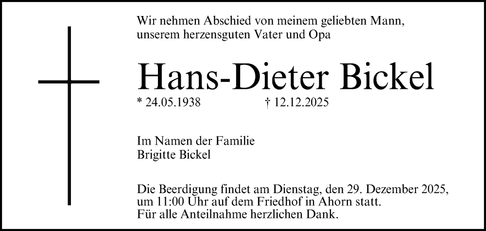  Traueranzeige für Hans-Dieter Bickel vom 20.12.2025 aus Neue Presse Coburg
