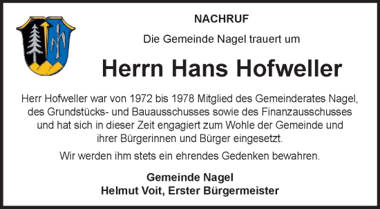 Traueranzeige von Hans Hofweller von Frankenpost