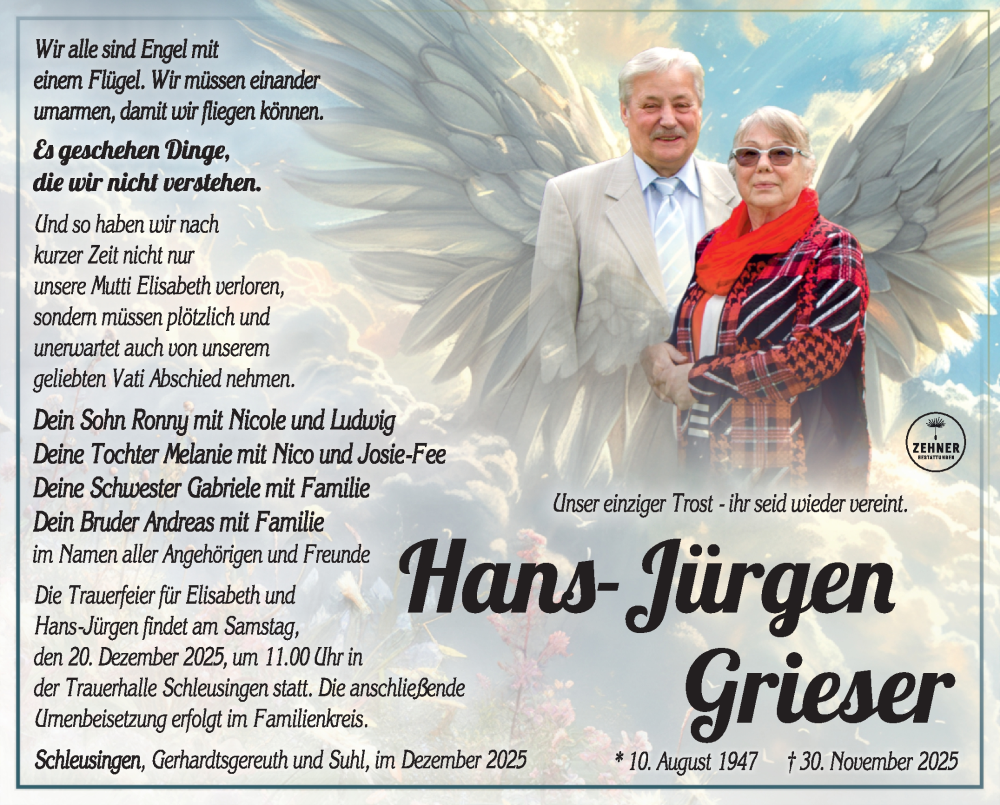  Traueranzeige für Hans-Jürgen Grieser vom 13.12.2025 aus Südthüringer Presse
