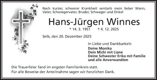 Traueranzeige von Hans-Jürgen Winnes von Frankenpost