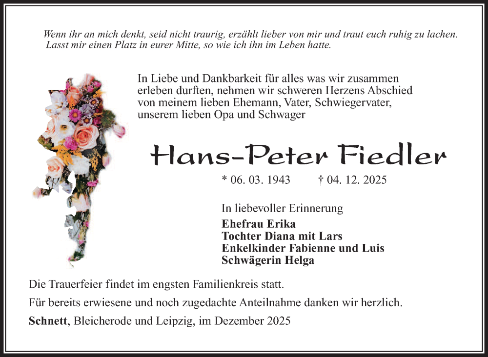  Traueranzeige für Hans-Peter Fiedler vom 13.12.2025 aus Südthüringer Presse