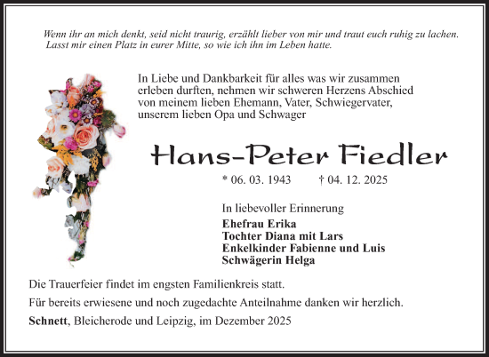 Traueranzeige von Hans-Peter Fiedler von Südthüringer Presse
