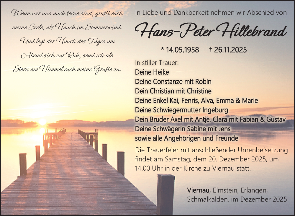  Traueranzeige für Hans-Peter Hillebrand vom 13.12.2025 aus Südthüringer Presse