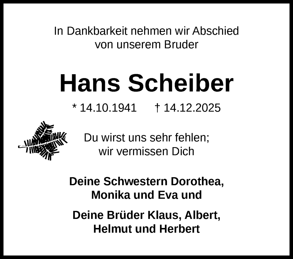  Traueranzeige für Hans Scheiber vom 19.12.2025 aus Südthüringer Presse