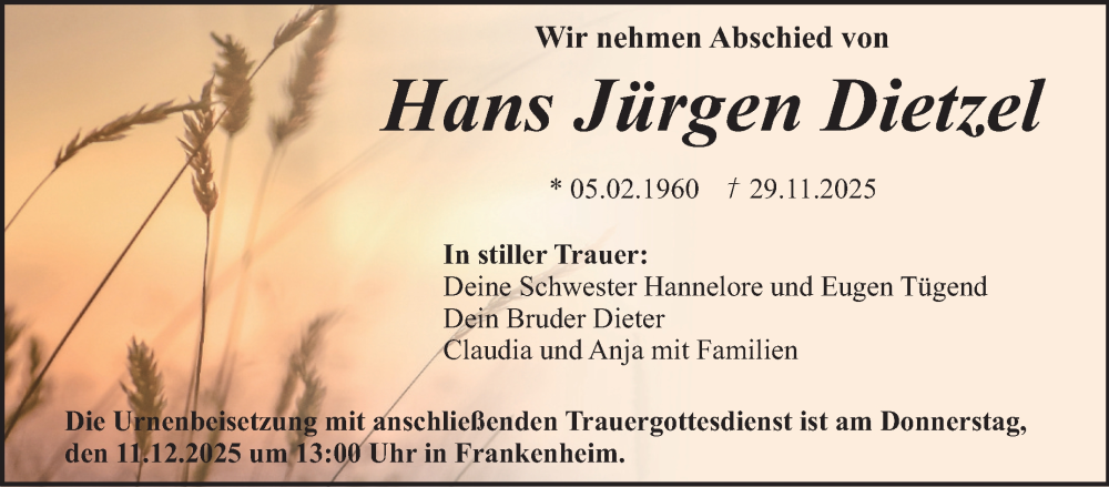  Traueranzeige für Hans Jürgen Diezel vom 06.12.2025 aus Südthüringer Presse