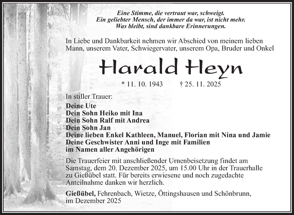  Traueranzeige für Harald Heyn vom 06.12.2025 aus Südthüringer Presse