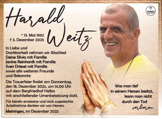 Traueranzeige von Harald Weitz von Südthüringer Presse
