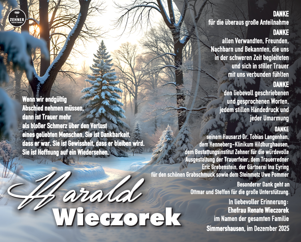  Traueranzeige für Harald Wieczorek vom 13.12.2025 aus Südthüringer Presse