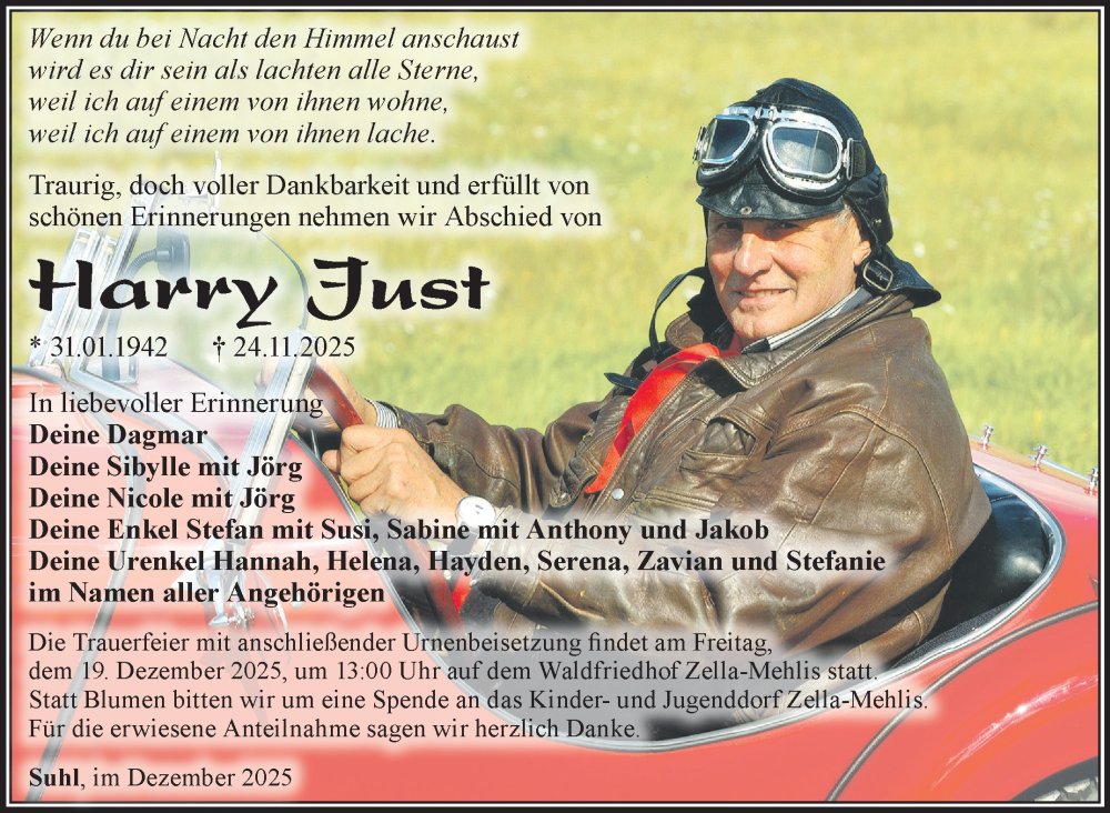  Traueranzeige für Harry Just vom 13.12.2025 aus Südthüringer Presse