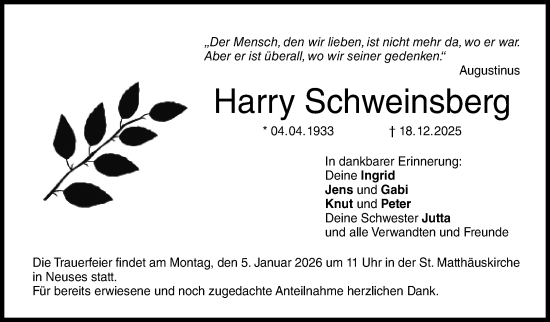 Traueranzeige von Harry Schweinsberg von Neue Presse Coburg