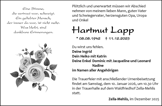Traueranzeige von Hartmut Lapp von Südthüringer Presse