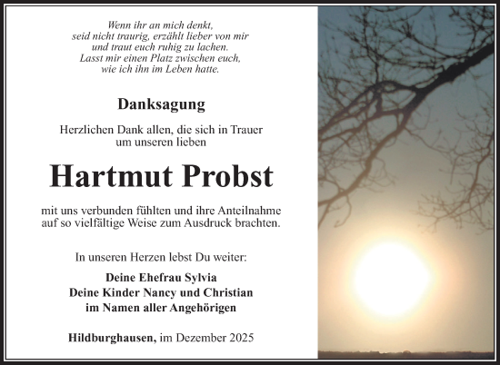 Traueranzeige von Hartmut Probst von Südthüringer Presse