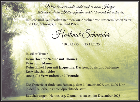 Traueranzeige von Hartmut Schneider von Südthüringer Presse