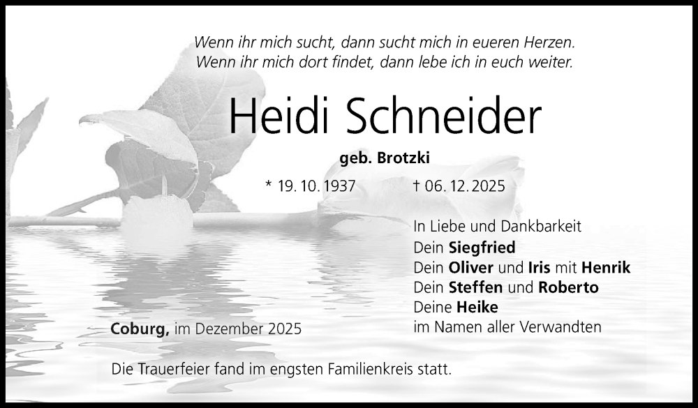  Traueranzeige für Heidi Schneider vom 20.12.2025 aus Neue Presse Coburg