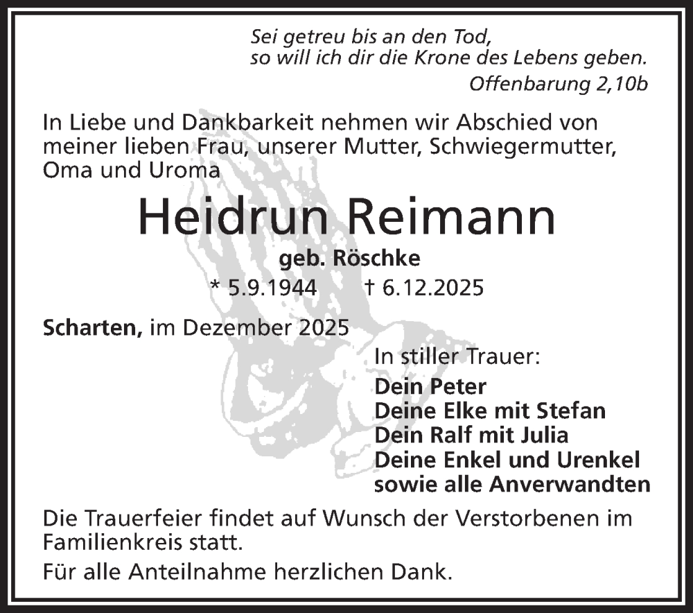  Traueranzeige für Heidrun Reimann vom 20.12.2025 aus Frankenpost