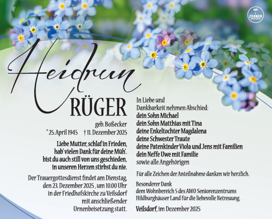 Traueranzeige von Heidrun Rüger von Südthüringer Presse