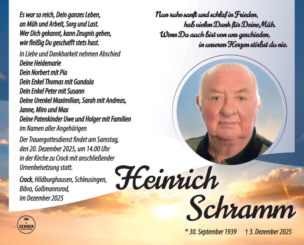  Traueranzeige für Heinrich Schramm vom 13.12.2025 aus Südthüringer Presse