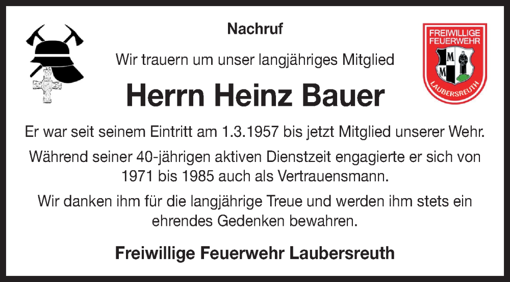  Traueranzeige für Heinz Bauer vom 31.12.2025 aus Frankenpost