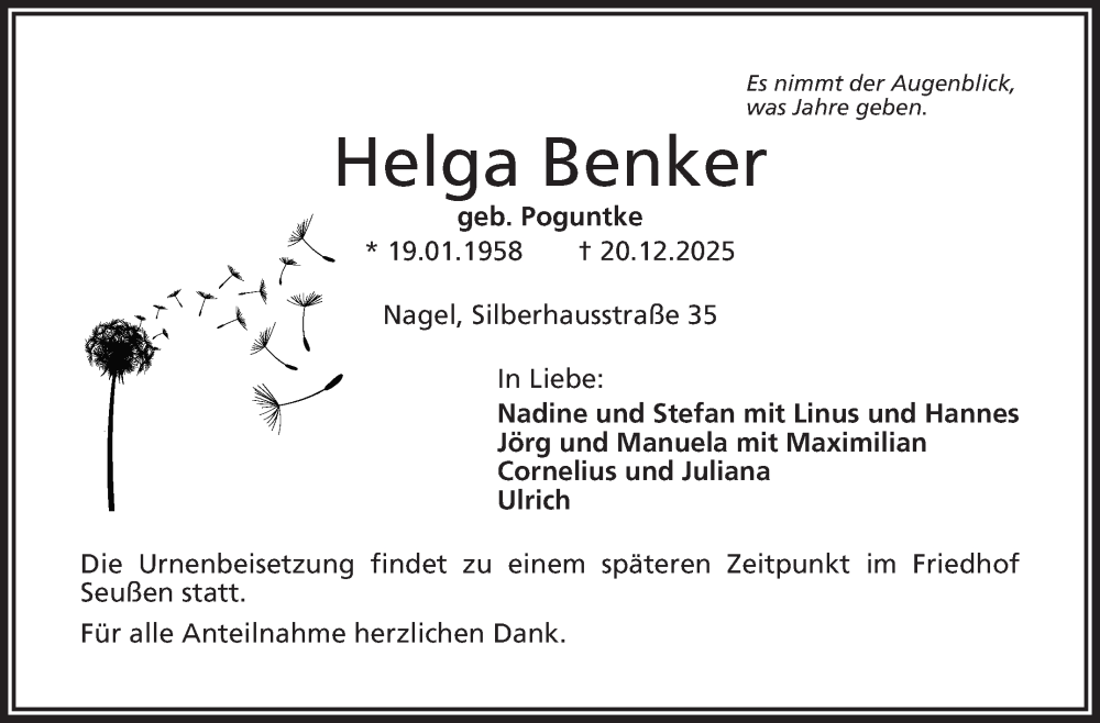  Traueranzeige für Helga Benker vom 27.12.2025 aus Frankenpost