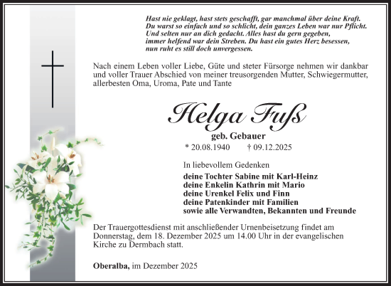 Traueranzeige von Helga Fuß von Südthüringer Presse