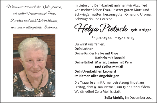 Traueranzeige von Helga Pietsch von Südthüringer Presse