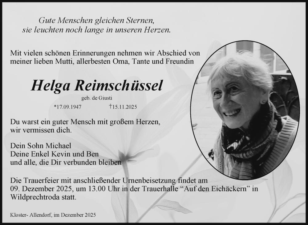  Traueranzeige für Helga Reimschüssel vom 03.12.2025 aus Südthüringer Presse