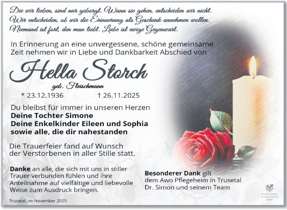  Traueranzeige für Hella Storch vom 13.12.2025 aus Südthüringer Presse