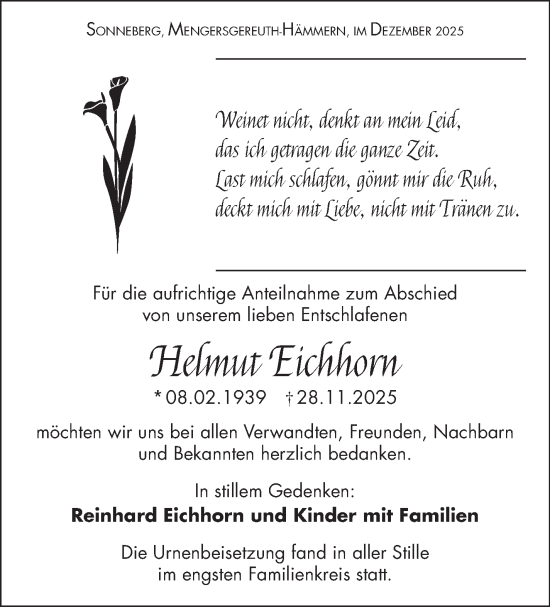 Traueranzeige von Helmut Eichhorn von Südthüringer Presse
