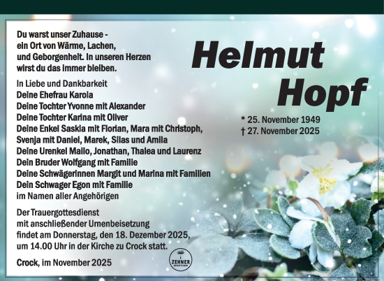 Traueranzeige von Helmut Hopf von Südthüringer Presse