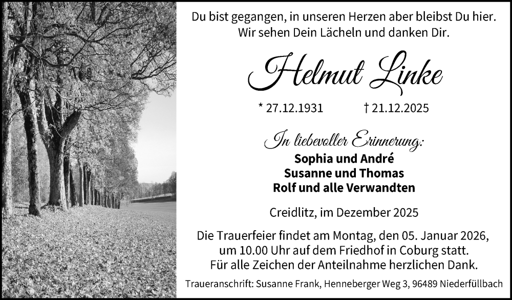  Traueranzeige für Helmut Linke vom 27.12.2025 aus Neue Presse Coburg