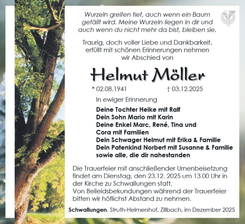  Traueranzeige für Helmut Möller vom 13.12.2025 aus Südthüringer Presse