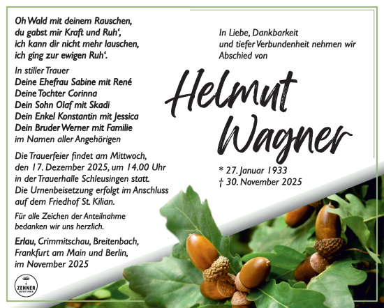 Traueranzeige von Helmut Wagner von Südthüringer Presse