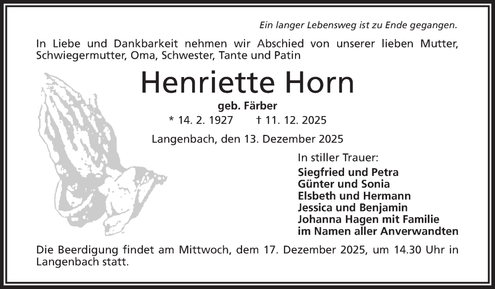  Traueranzeige für Henriette Horn vom 13.12.2025 aus Frankenpost