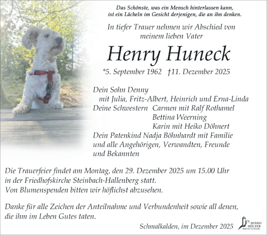 Traueranzeige von Henry Huneck von Südthüringer Presse