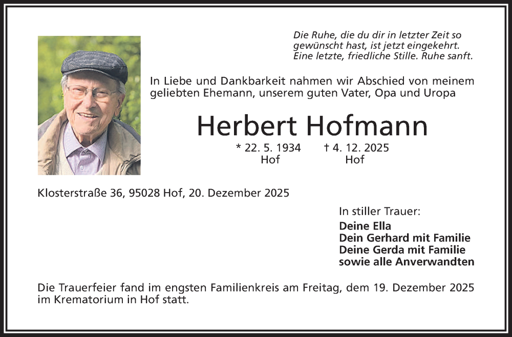  Traueranzeige für Herbert Hofmann vom 20.12.2025 aus Frankenpost